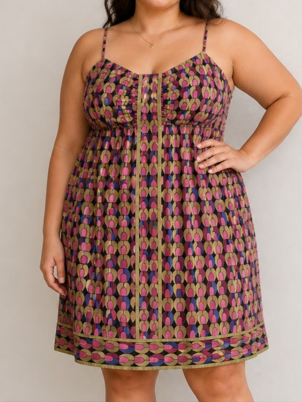 MAGGY LONDON Dress Multi-Color Geometric Print Stretch Casual Sz 12 Pockets